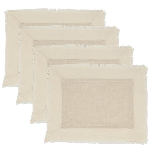 Fennco Styles Double-Layer Fringe Cotton Blend Placemats 14" W X 20" L, Set of 4 - Natural Woven Table Mats for Home Décor, Holiday, Banquet, Family Gathering, Special Occasion