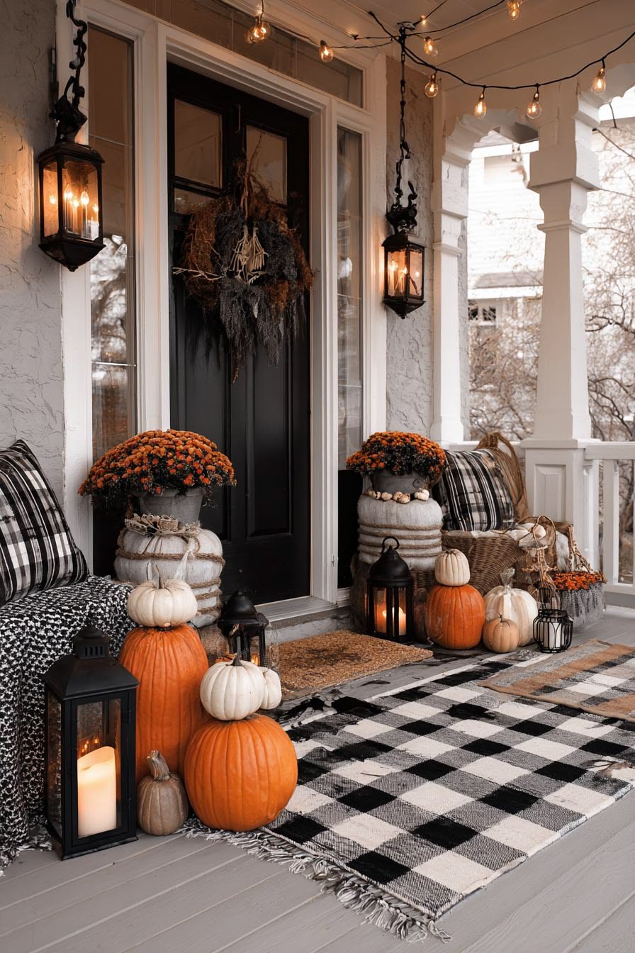 Fall porch and patio with pumpkins and lanterns