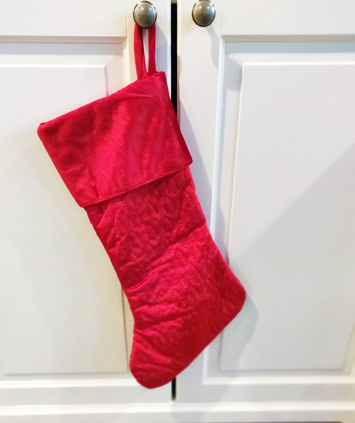 Fennco Styles Vintage Velvet Allover Tree Pattern Stocking 8 x 19 Inch - Red Christmas Stocking for Holiday, Home Decor, Family Gathering and Special Occasion
