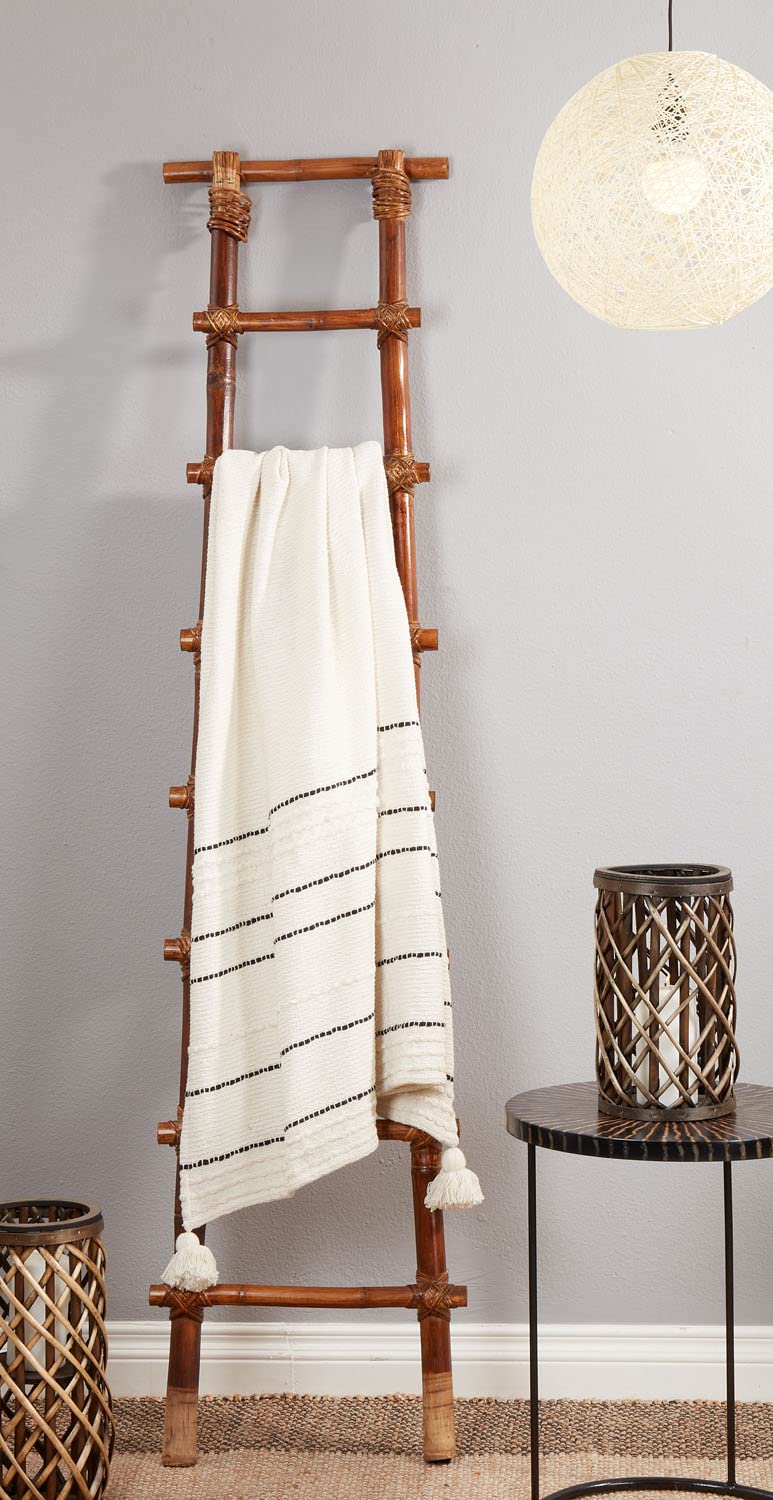 Fennco Styles Stripe Cotton Throw Blanket with Chunky Tassel 50" W x 60" L - Ivory Woven Blanket for Couch, Bedroom, Living Room and Office Décor