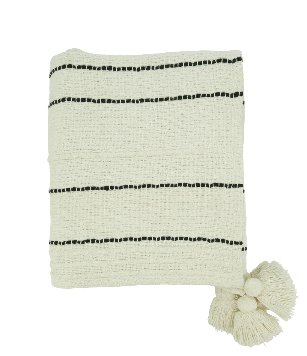 Fennco Styles Stripe Cotton Throw Blanket with Chunky Tassel 50" W x 60" L - Ivory Woven Blanket for Couch, Bedroom, Living Room and Office Décor