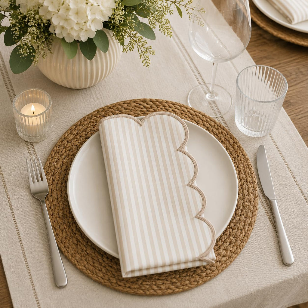 Natural Scalloped Stripe Napkins, Set of 4