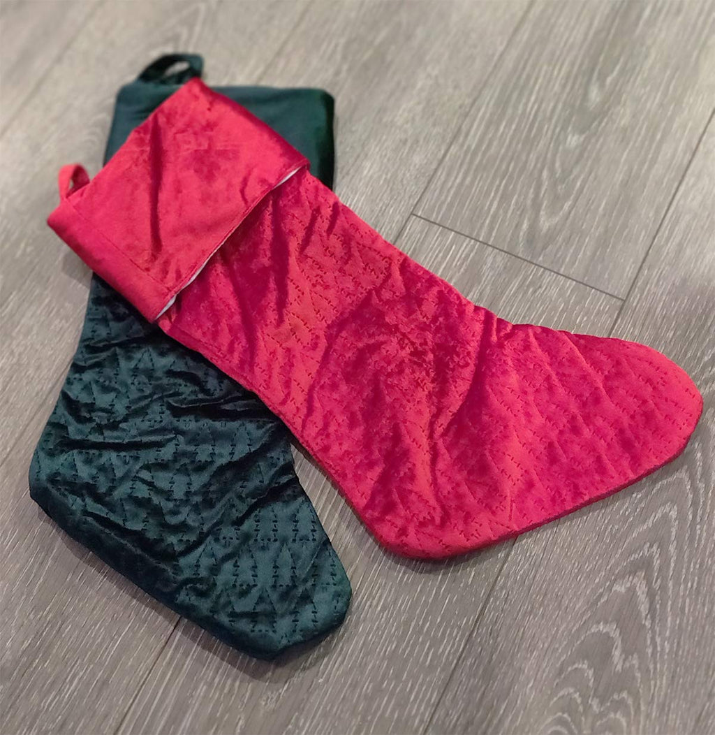 Fennco Styles Vintage Velvet Allover Tree Pattern Stocking 8 x 19 Inch - Red Christmas Stocking for Holiday, Home Decor, Family Gathering and Special Occasion