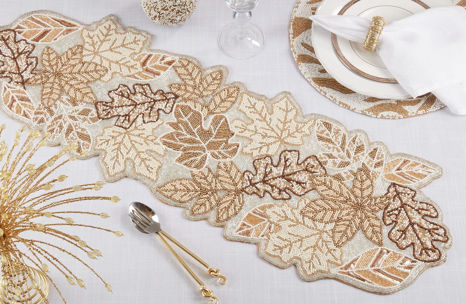 Gold Beaded Fall Leaf Runner