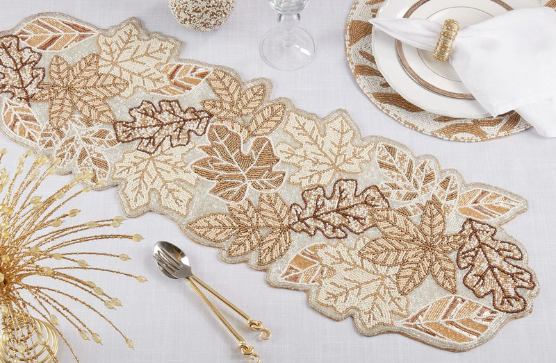 Gold Beaded Fall Leaf Runner