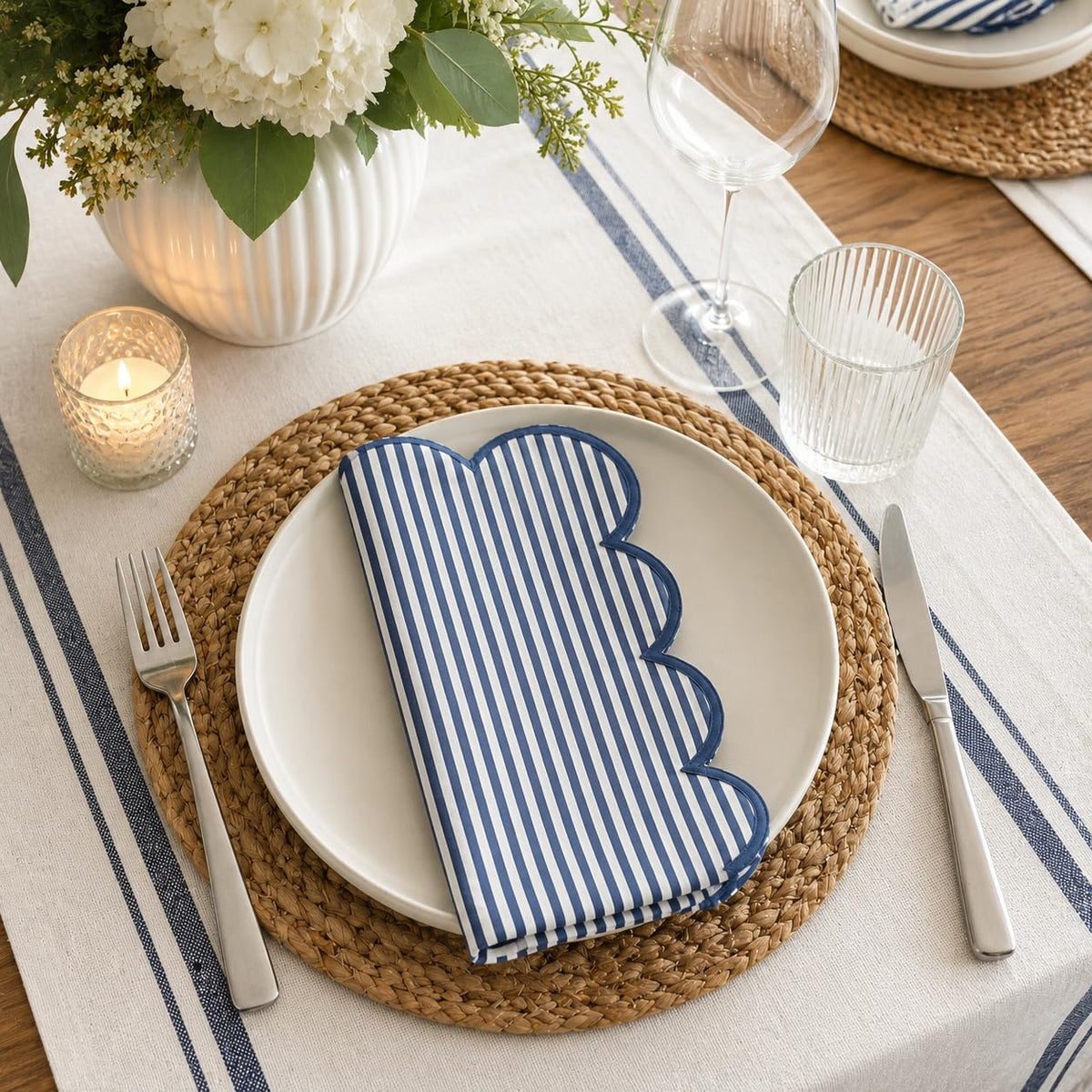 Natural Scalloped Stripe Napkins, Set of 4