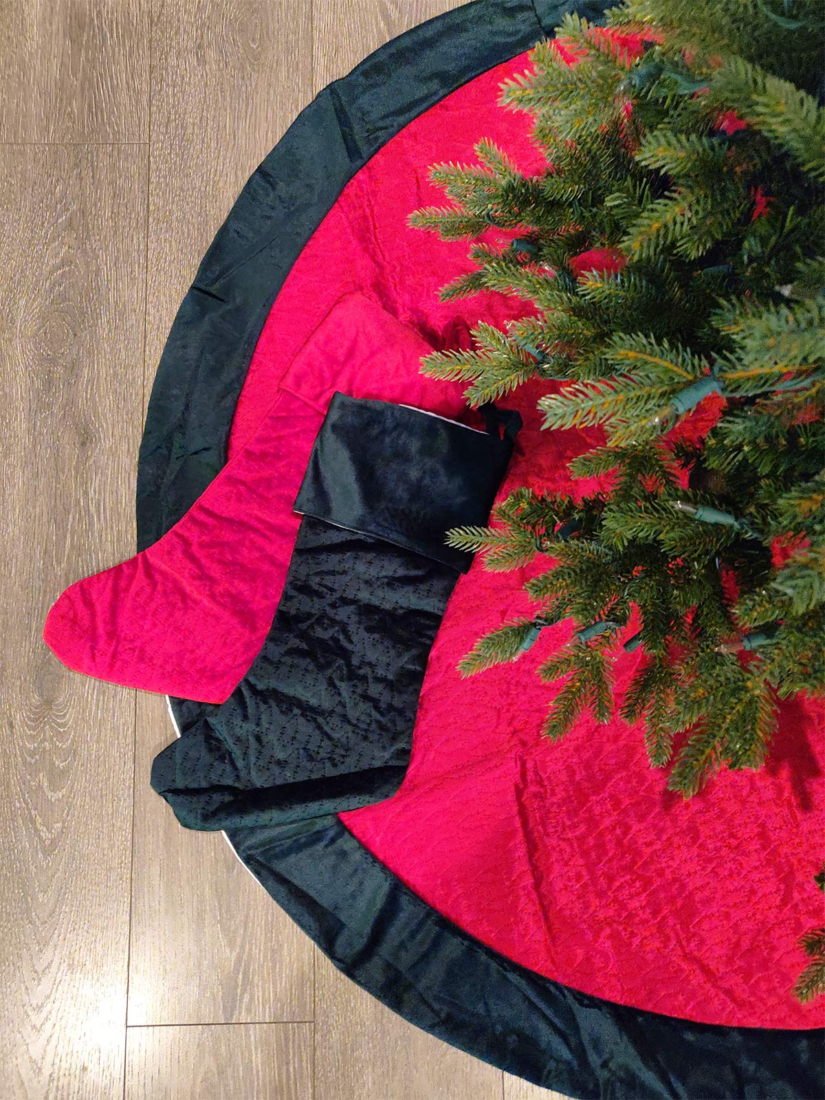 Fennco Styles Vintage Velvet Allover Tree Pattern Stocking 8 x 19 Inch - Red Christmas Stocking for Holiday, Home Decor, Family Gathering and Special Occasion