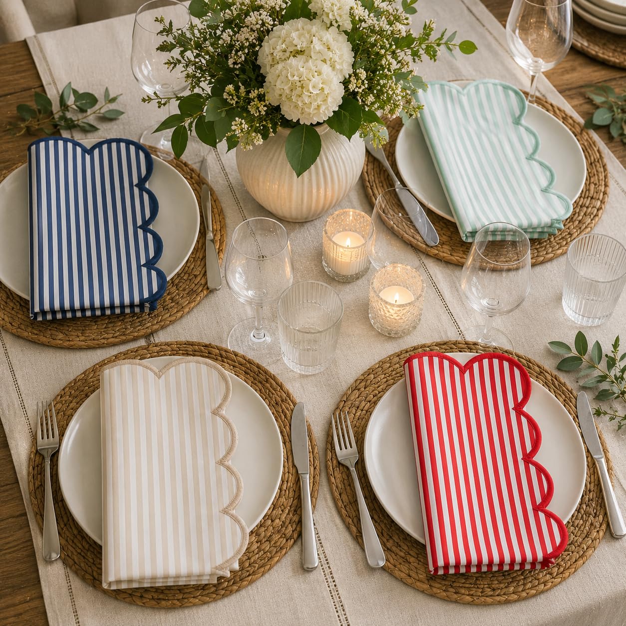 Natural Scalloped Stripe Napkins, Set of 4