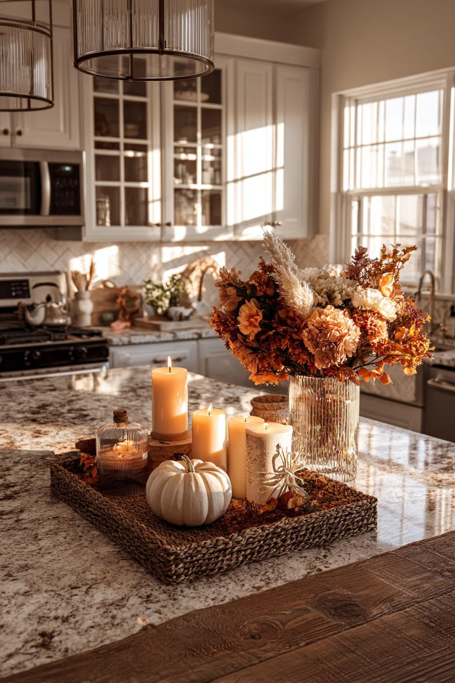 Warm harvest kitchen with botanicals, candles and pumpkins