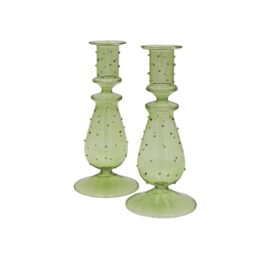 Olive Dotty Glass Holders, Pair
