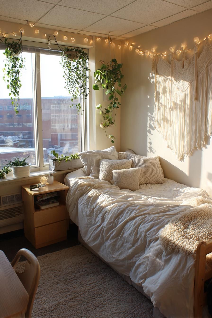 Warm botanical dorm with plants and soft lighting