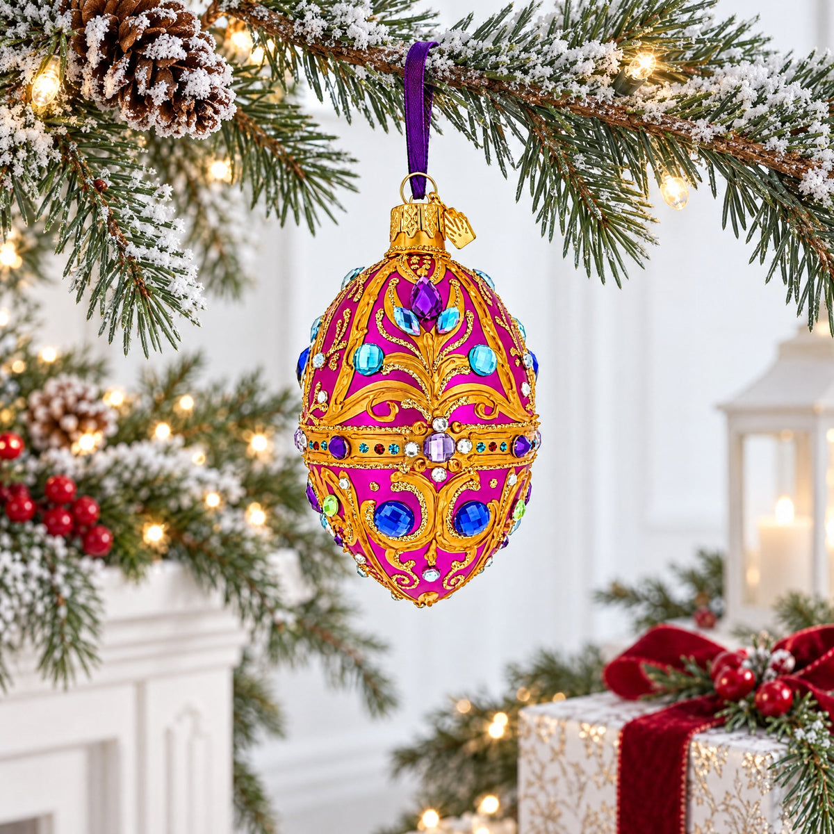 Magenta Jeweled Glass Egg Ornament