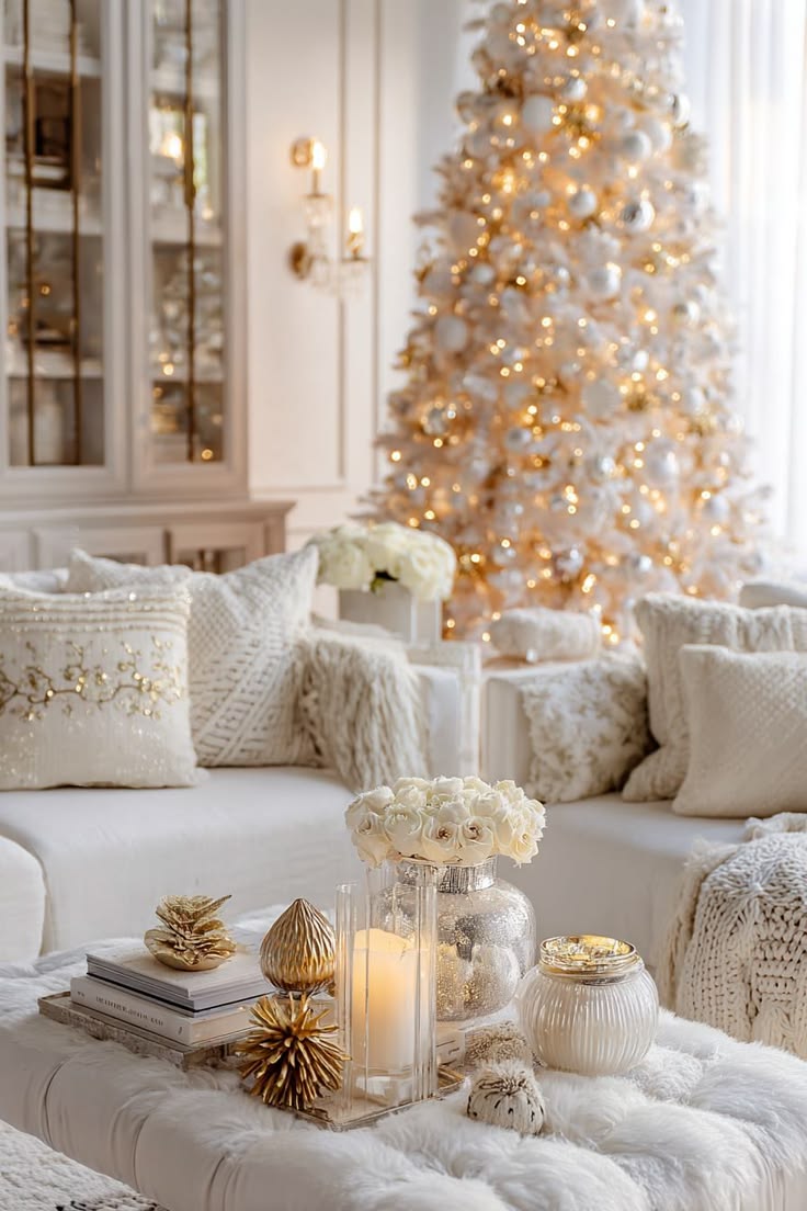 White & Gold Christmas Living Room