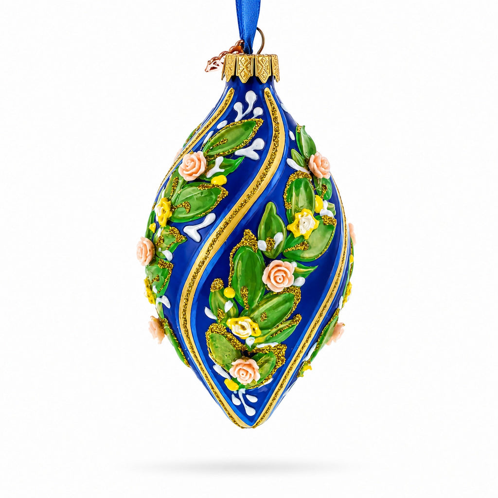 Swirl Roses on Blue Pointed Teardrop Finial Glass Christmas Ornament