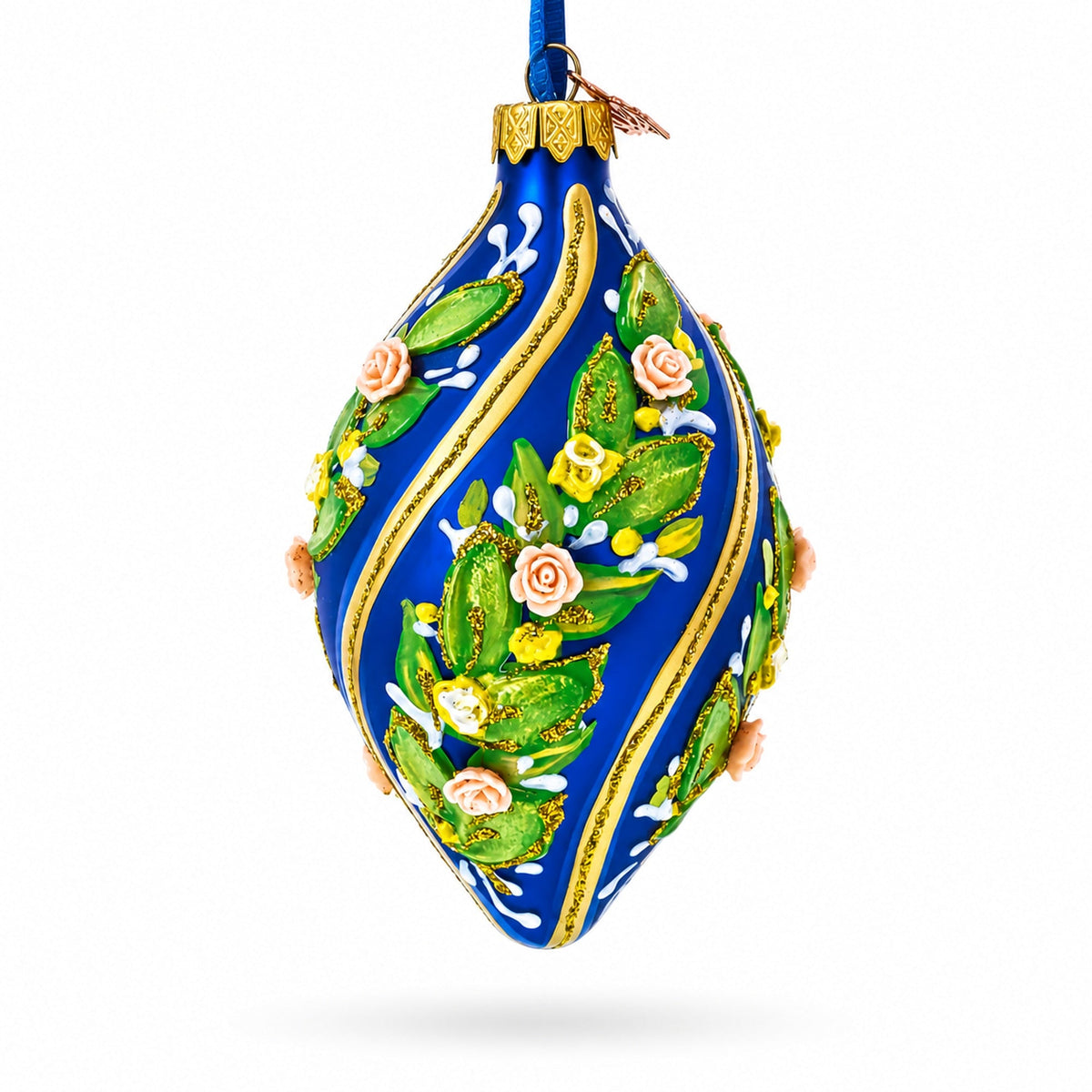 Swirl Roses on Blue Pointed Teardrop Finial Glass Christmas Ornament