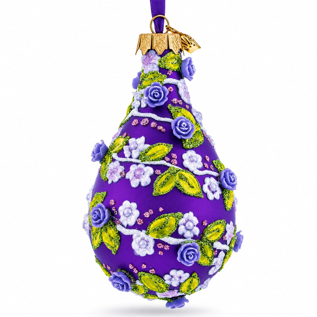 Embossed Roses on Purple Waterdrop Finial Glass Christmas Ornament