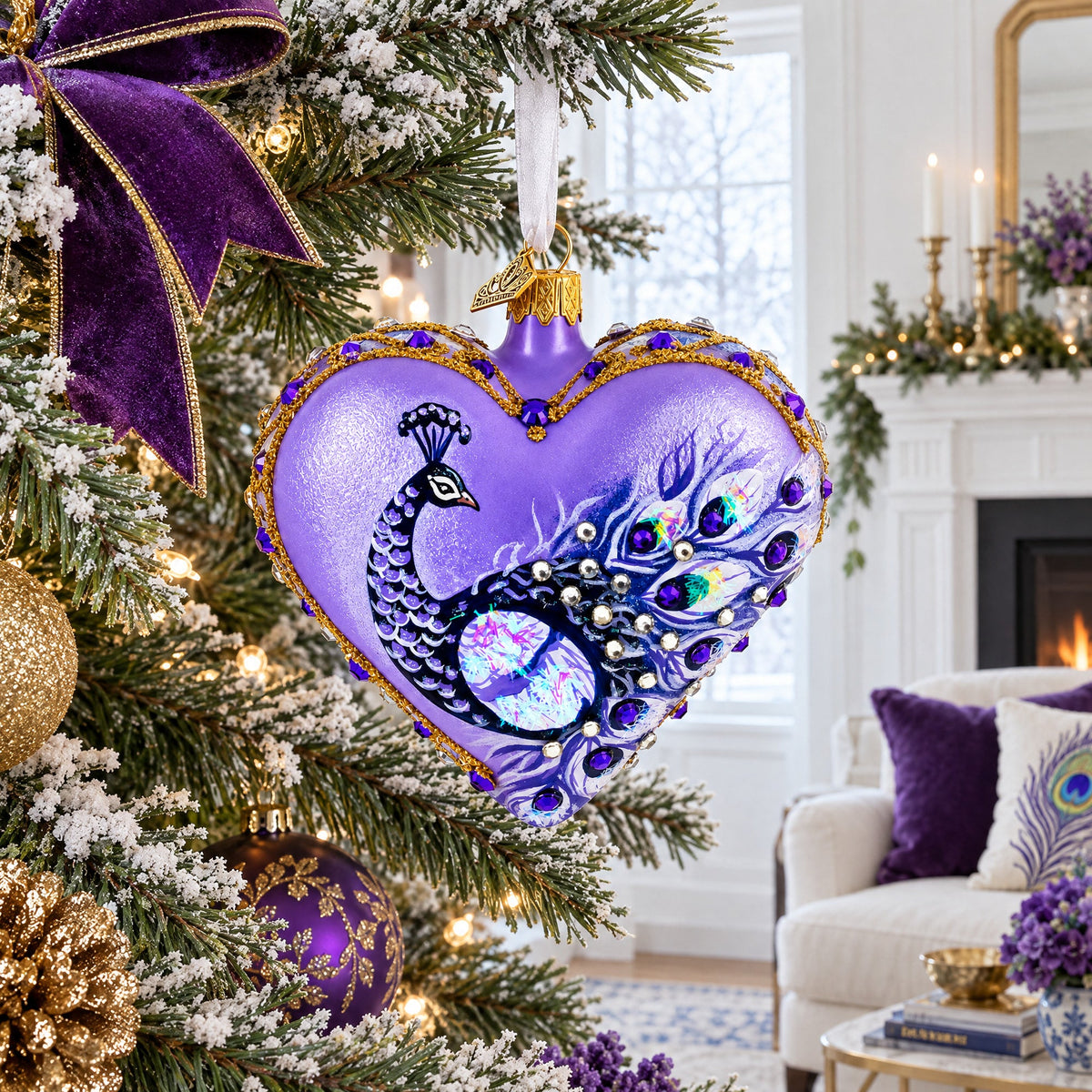 Royal Purple Peacock Heart Glass Ornament